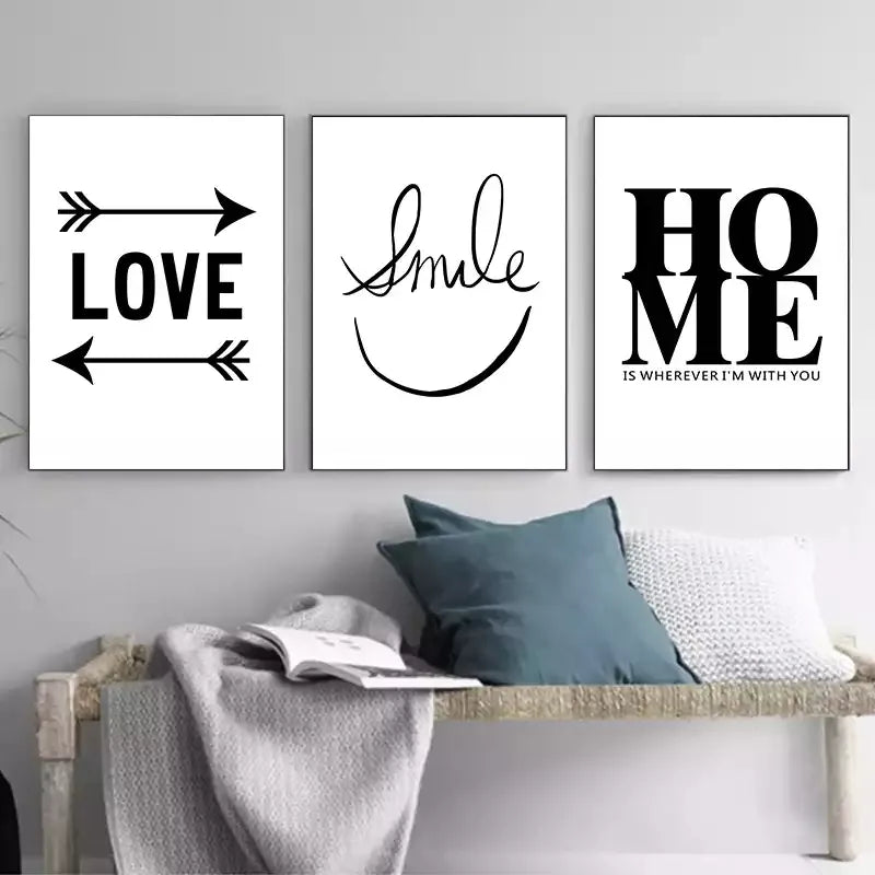 Black and White Home Love Smile Wall Art Canvas