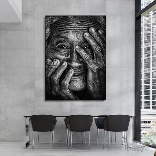 Black and White Wrinkled Old Woman Canvas Art