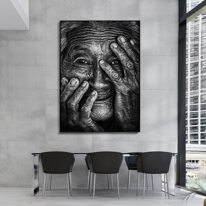 Black and White Wrinkled Old Woman Canvas Art