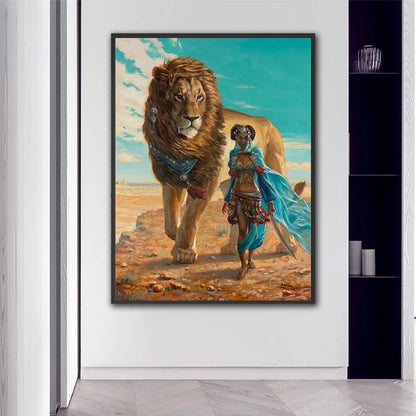 African Woman With Lion Canvas Art