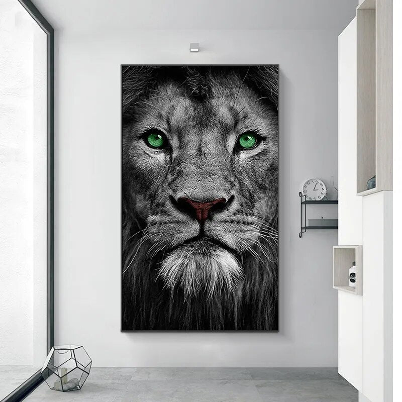 Black And White Green Eyes Lion Wall Art Canvas