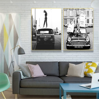 Black and White Vintage Retro Car Fashion Girl Canvas Art