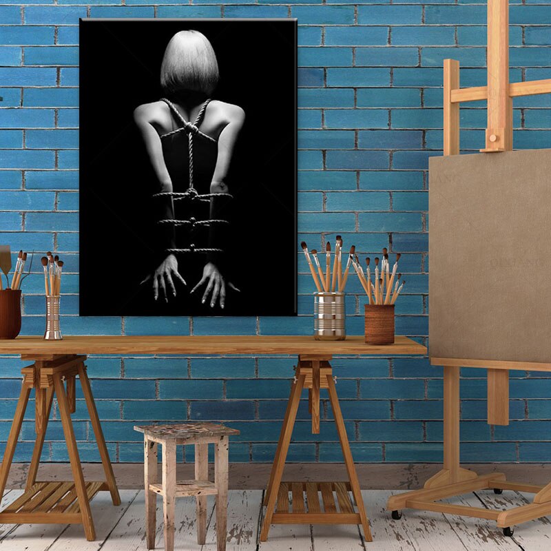 Black and White Nude Woman Bondage Canvas Art