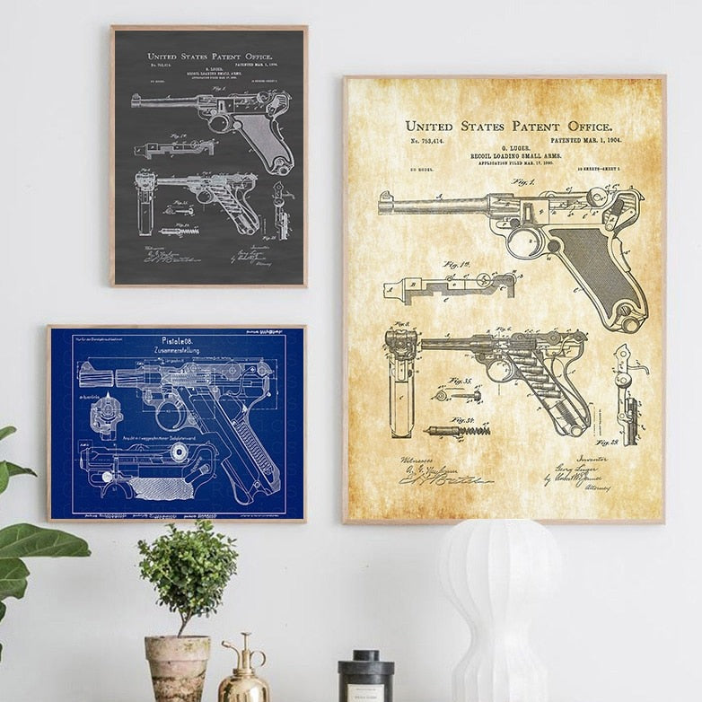 Gun Luger Pistol Patent Blueprint Canvas Art