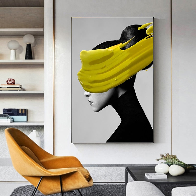 Beauty Woman Black and White Lemon Yellow Gold Foil Canvas Art