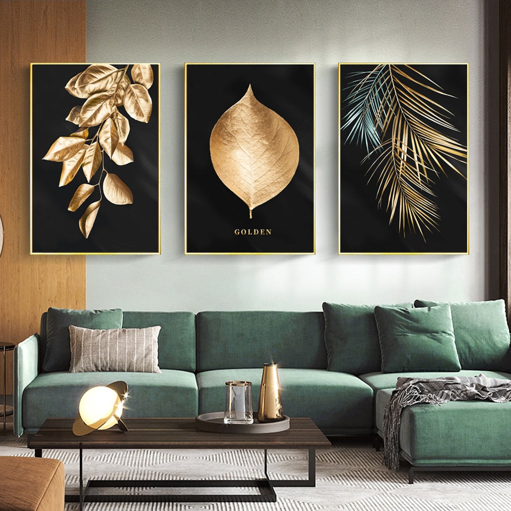 Gold Black Leaf Canvas Art