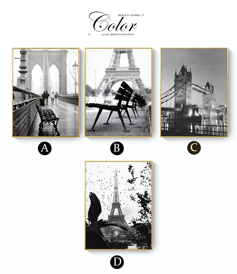 Black and White Brooklyn Bridge London Bridge Eiffel Tower Canvas Art