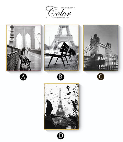 Black and White Brooklyn Bridge London Bridge Eiffel Tower Canvas Art