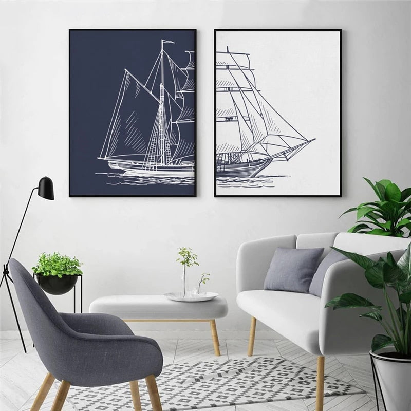 Blue and White Boat Canvas Art