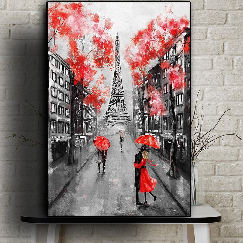 Romantic City Couple Paris Eiffel Tower Oil Painting Canvas Art