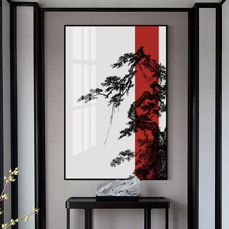 Chinese Style Black And White Welcome Pine Canvas Art