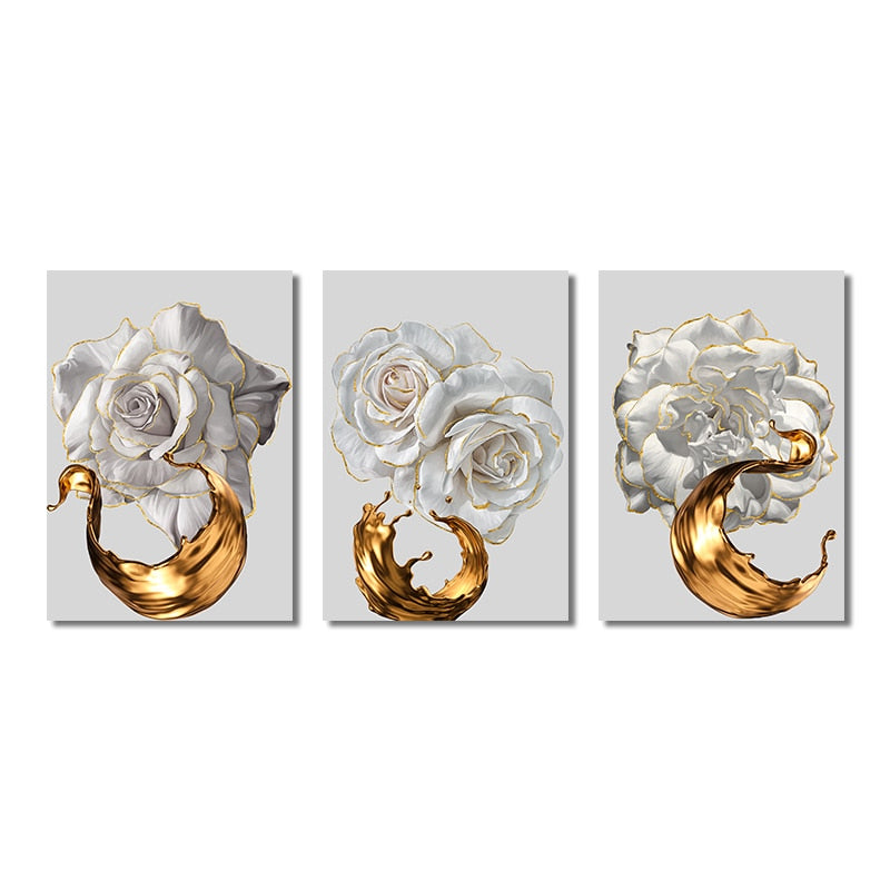 White Flower Painting Gold Foil Canvas Art