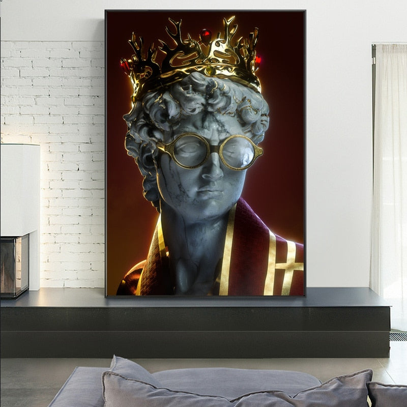 David Statue With Crown and Glasses Canvas Art