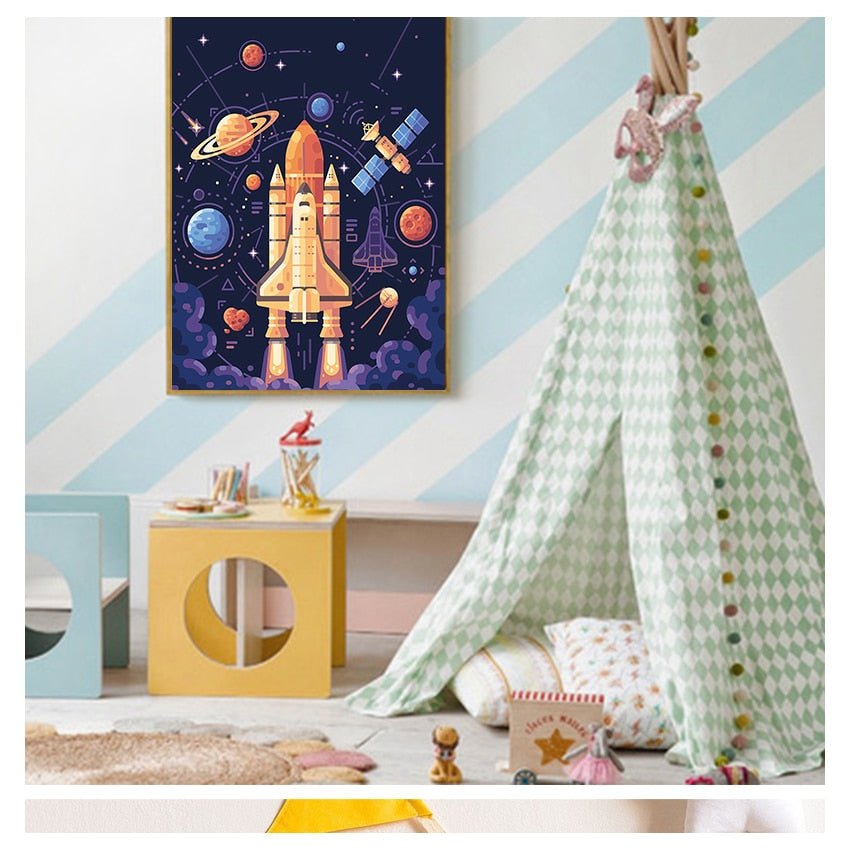 Rocket Spaceship Letter Nursery Wall Art Canvas