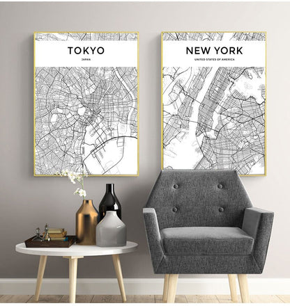 Black and White World City Map Wall Art Canvas