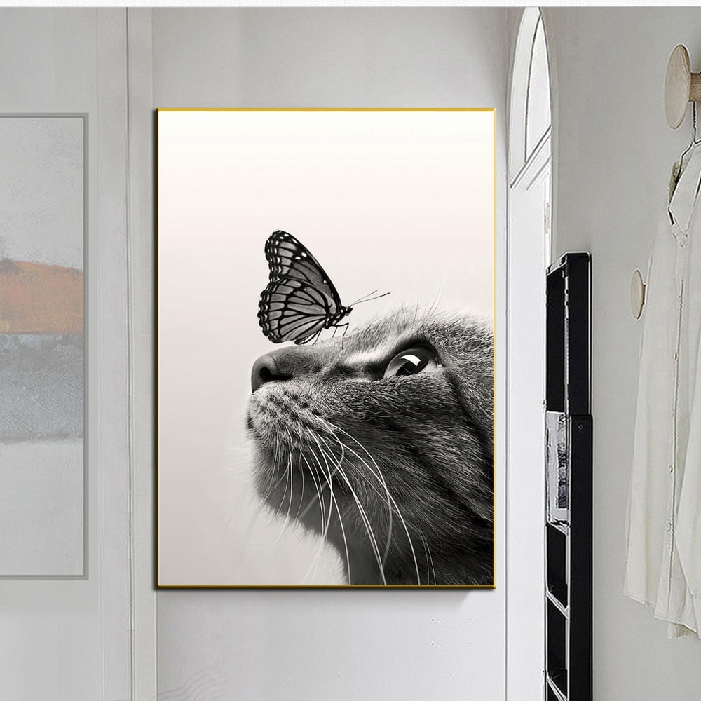 Black and White Cat Butterfly Canvas Art