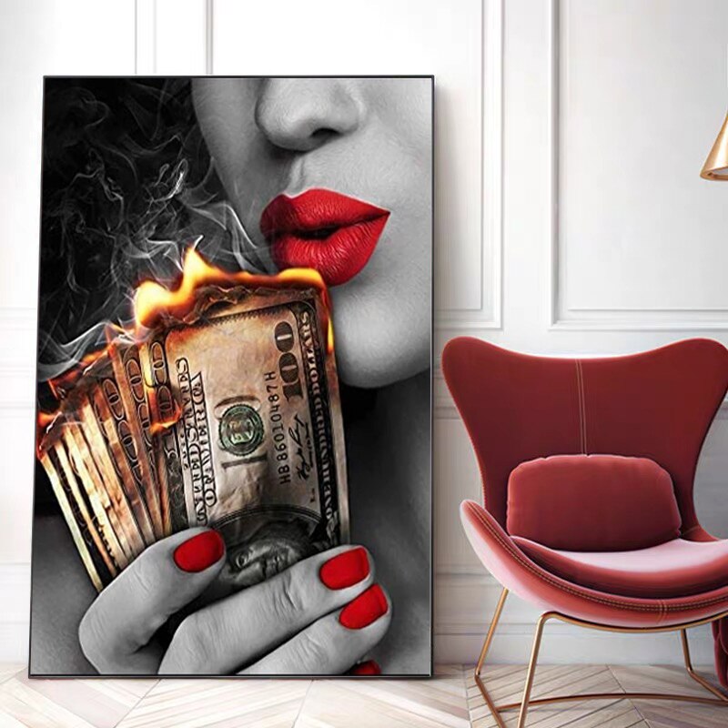 Sexy Red Lips Burning Dollars Canvas Art