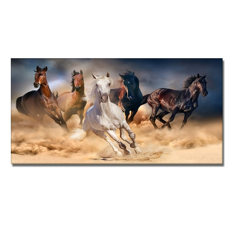 Seven Running White Horse Gold Wall Art Canvas