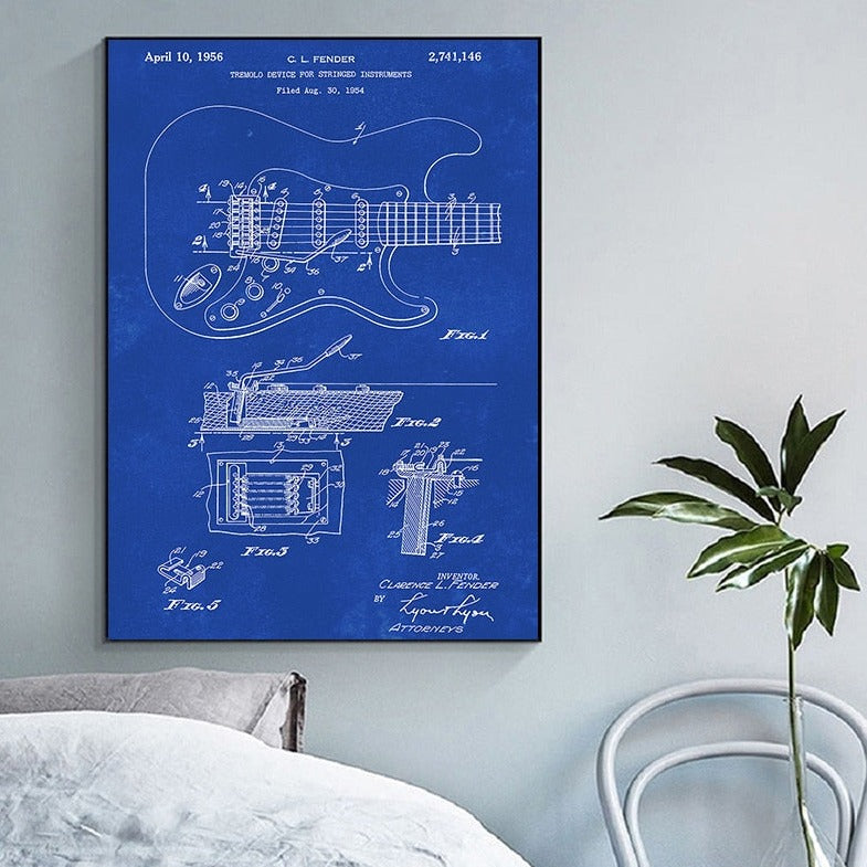 Electric Guitar Fender Tremolo Blueprint Canvas Art