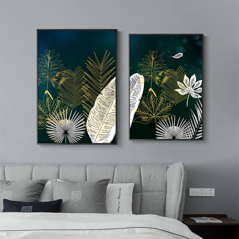 Golden White Lines Leaf Abstract Canvas Art