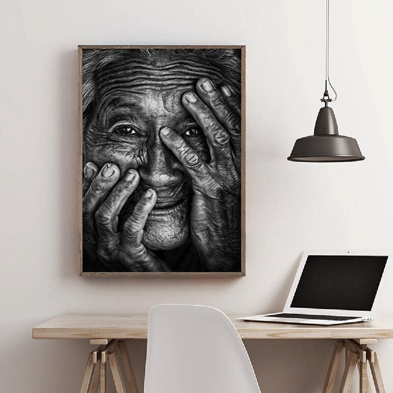 Black and White Wrinkled Old Woman Canvas Art