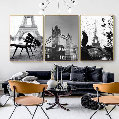 Black and White Brooklyn Bridge London Bridge Eiffel Tower Canvas Art