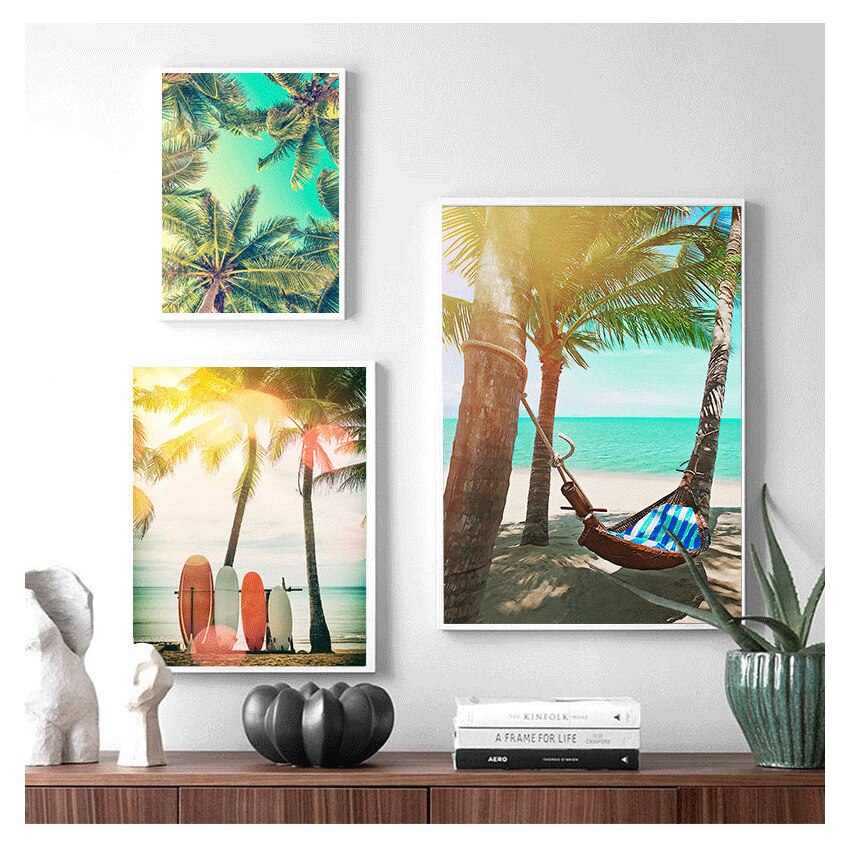 Beach Surfboard Coconut Tree Hammock Canvas Art