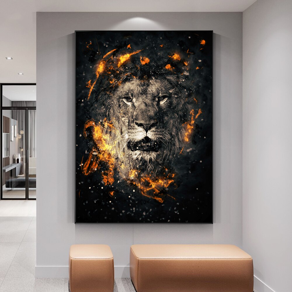 Lion Head with Fire Canvas Art