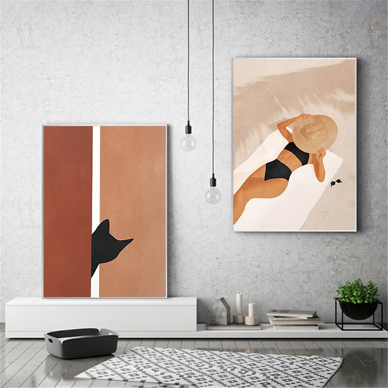 Fashion Woman Black Cat Leaves Canvas Art