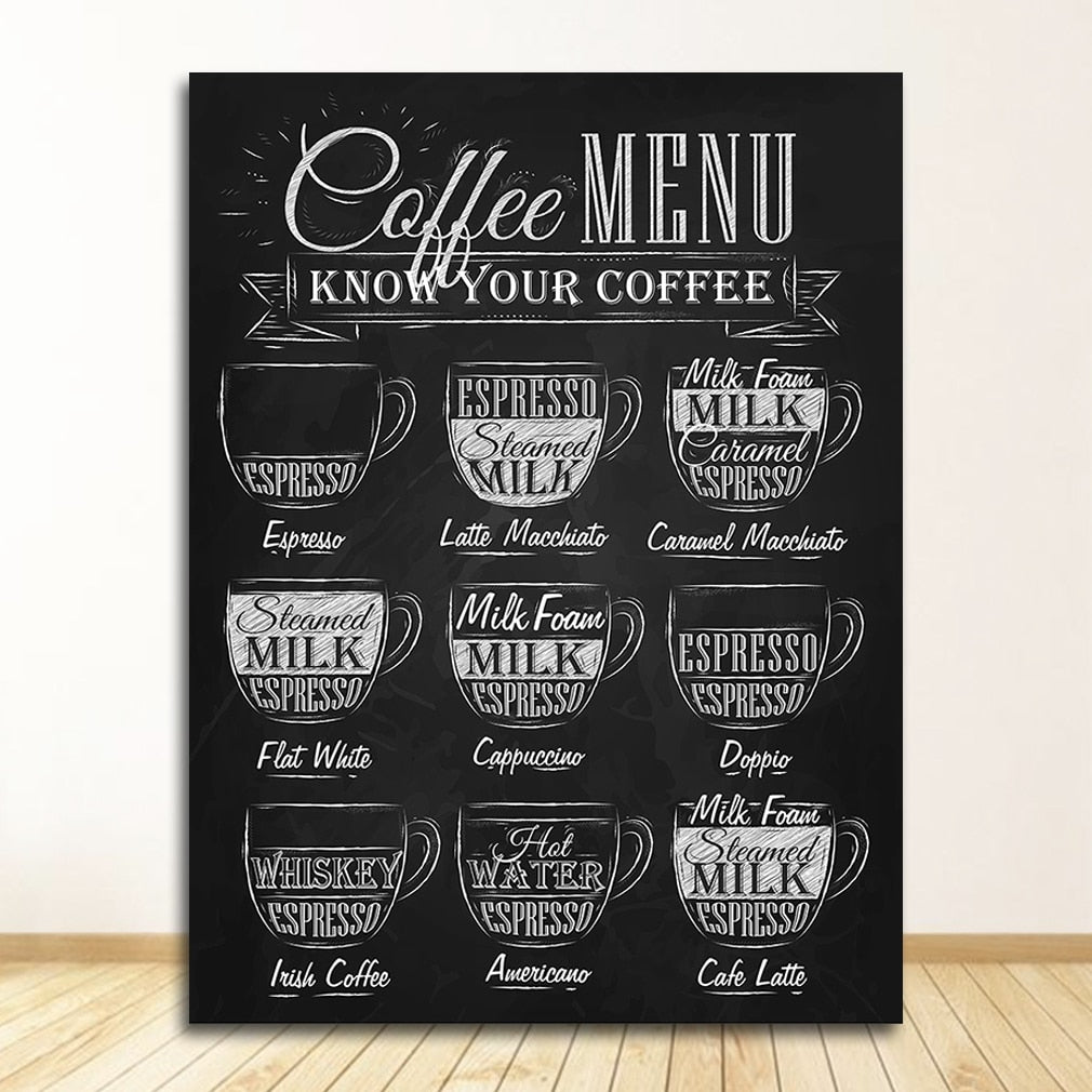 Black and White Coffee Shop Menu Wall Art Kitchen Canvas