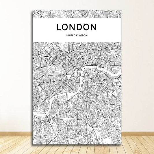 Black and White World City Map Wall Art Canvas