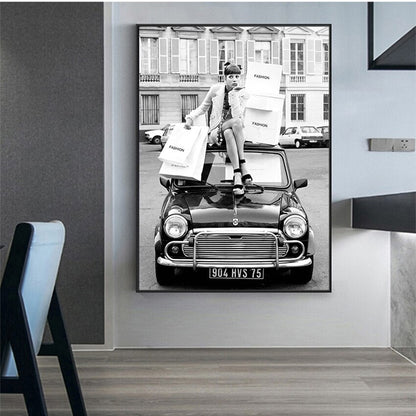 Black and White Vintage Retro Car Fashion Girl Canvas Art