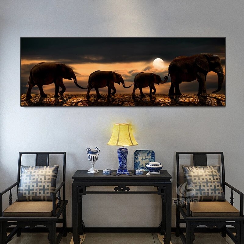 Elephant Family Panoramic Canvas Art