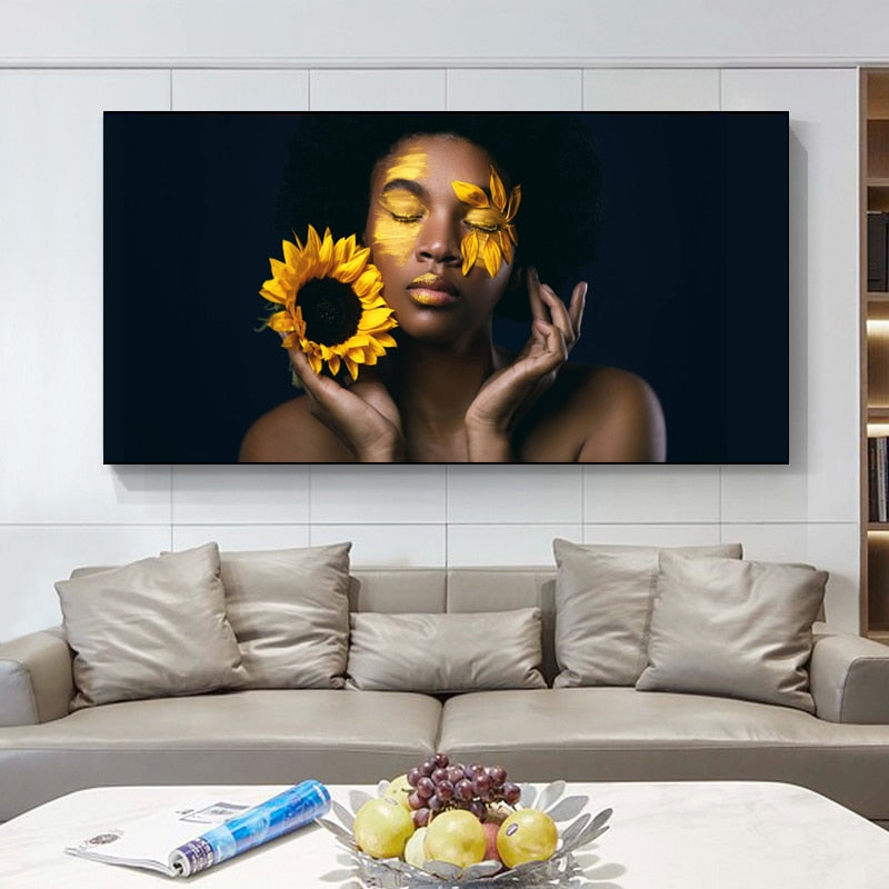 Black Women Sunflower Canvas Art