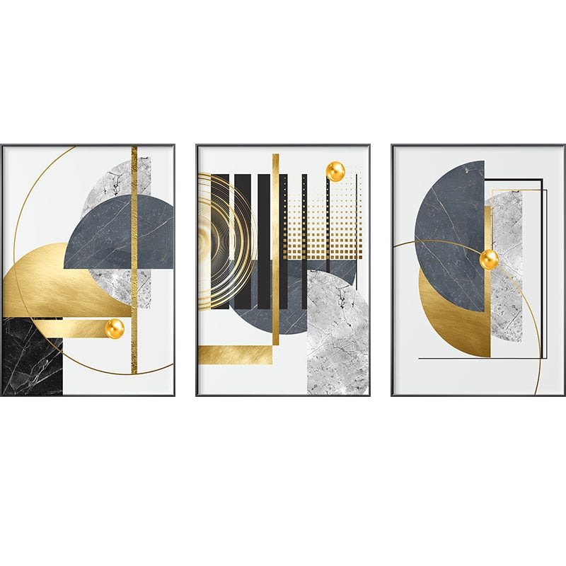 Golden Gray White Abstract Geometric Canvas Art