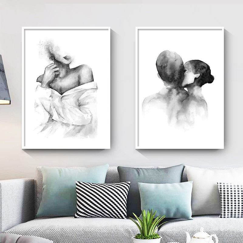 Black White Sketch Girl Lover Line Canvas Art