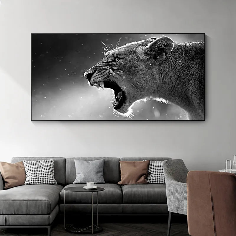 Black And White Roaring Lion Wall Art Canvas