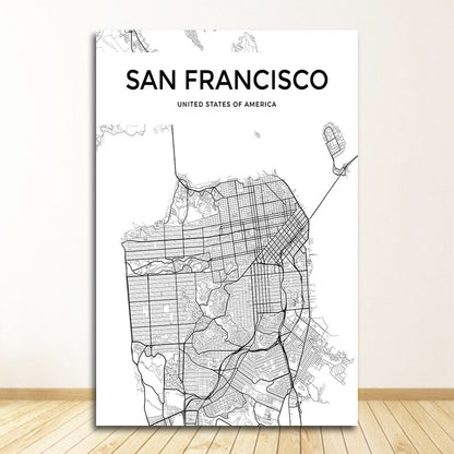 Black and White World City Map Wall Art Canvas