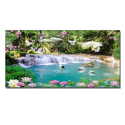 Swan Waterfall Lotus Painting Wall Art Canvas