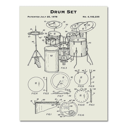 Drum Set Music Instrument Patent Blueprint Canvas Art