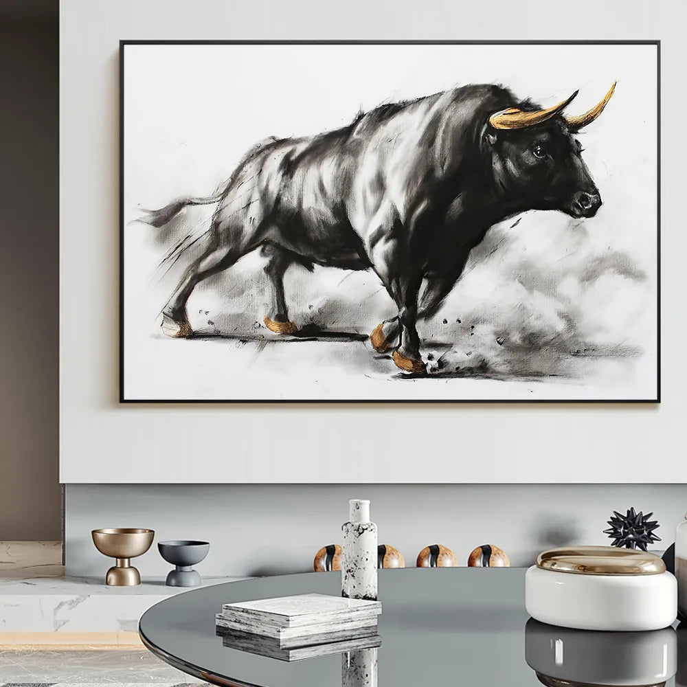 Black Bull Painting Wall Art Canvas