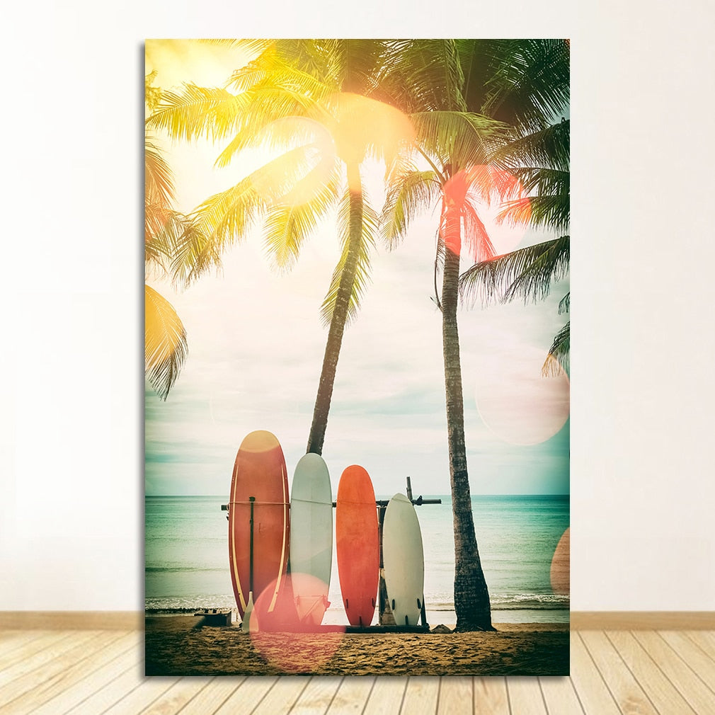 Beach Surfboard Coconut Tree Hammock Canvas Art