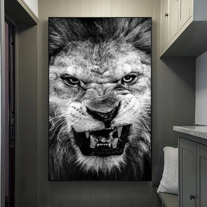 Black And White Ferocious Lion Wall Art Canvas