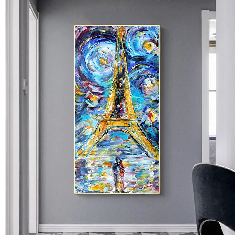 Couple Eiffel Tower Van Gogh Starry Night Style Oil Painting Wall Art Canvas