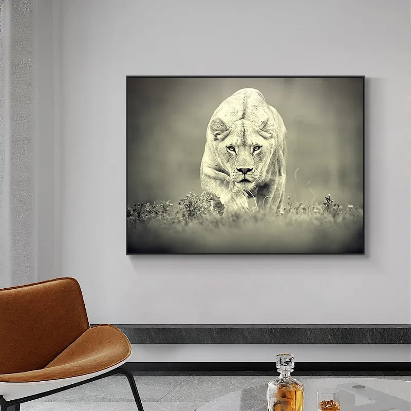 Black and White Ferocious Lioness Wall Art Canvas