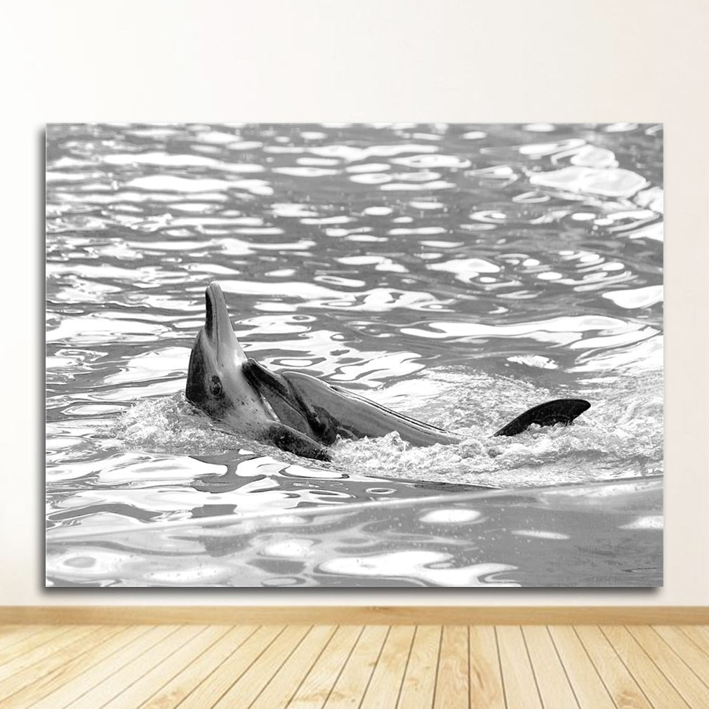 Black and White Ocean Surfing Coastal Beach Canvas Art