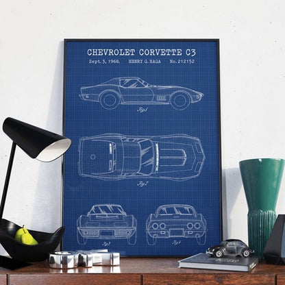 Chevrolet Corvette C3 Blueprint Car Canvas Art