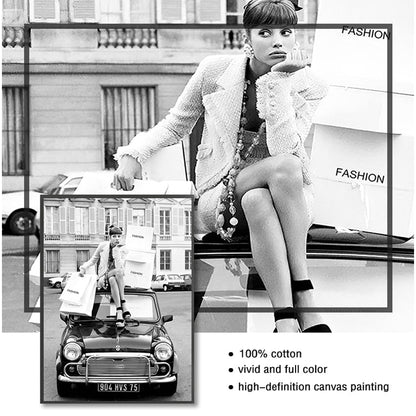 Black and White Vintage Retro Car Fashion Girl Canvas Art