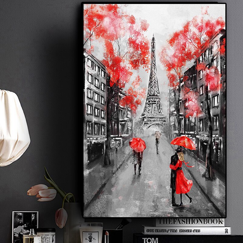 Romantic City Couple Paris Eiffel Tower Oil Painting Canvas Art