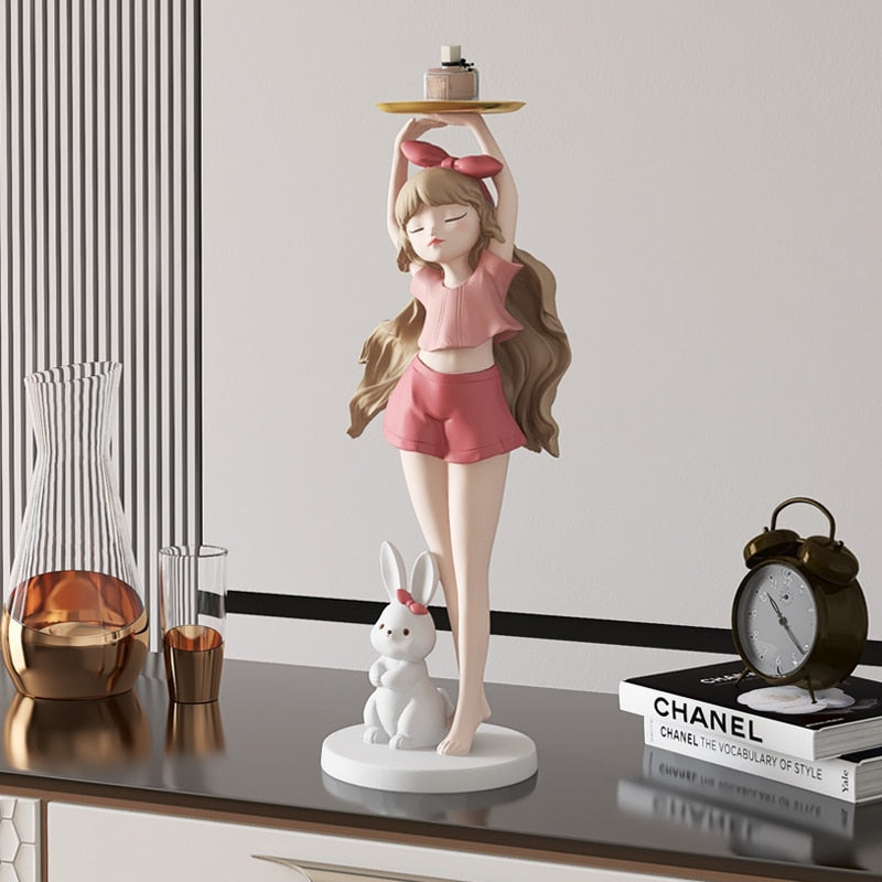 Girl with Long Hair Bunny Tray Small Statue